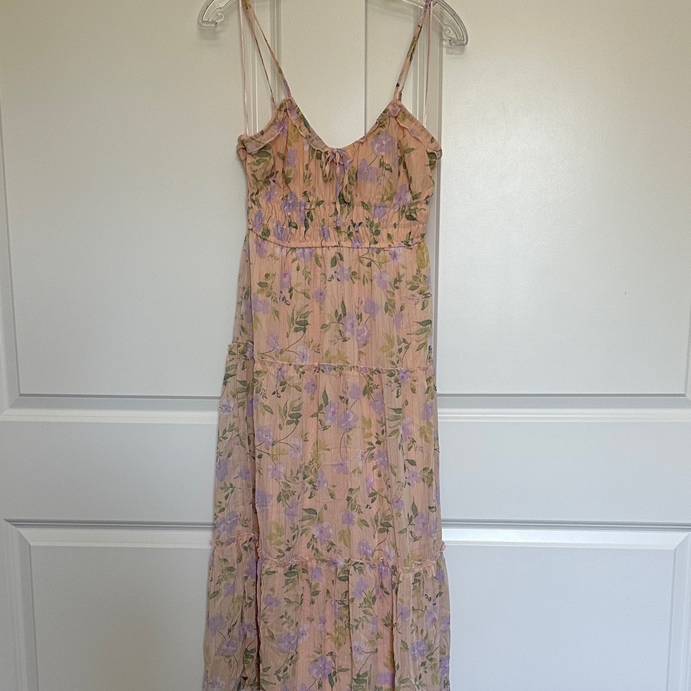 NWT Hippie Rose Peach Lavender Floral Midi Dress with Gold Threads size S